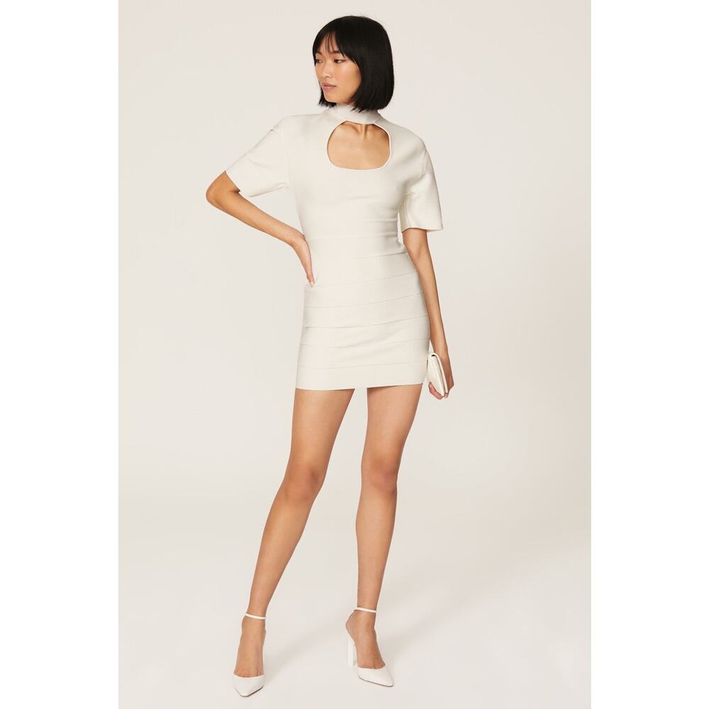 Herve Leger Icon White Bandage Keyhole Cut Out Short Sleeve Mini Dress Size XS